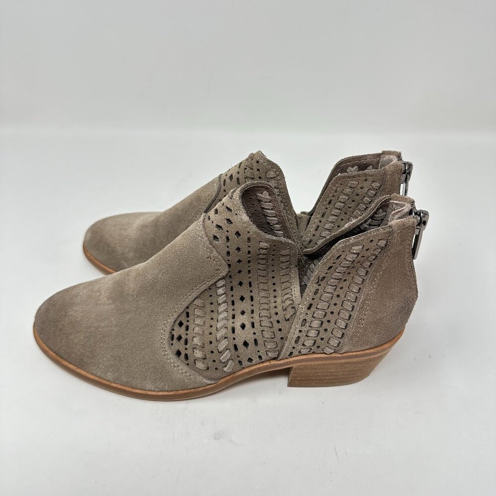 Vince Camuto Prasata round toe ankle booties. Taupe/gray color. Braided and perf